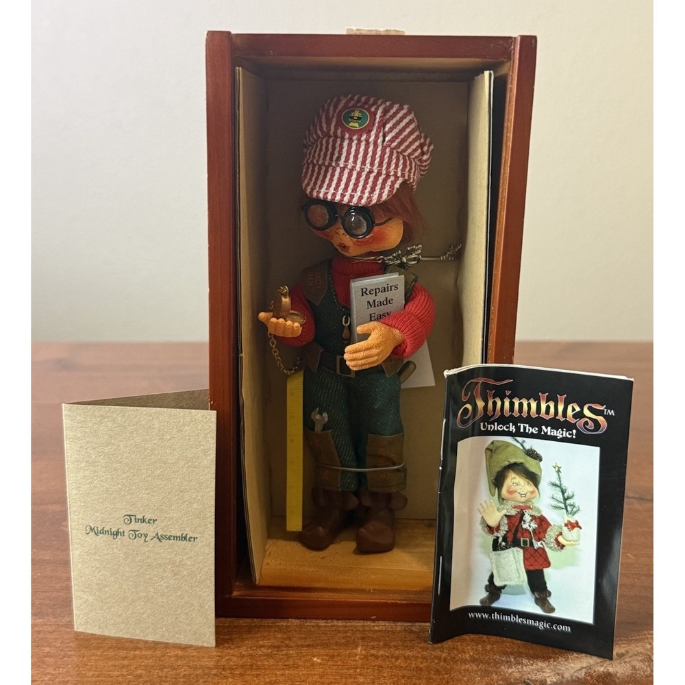 VTG 2002 Annalee Thimbles Tinker Repair Elf Christmas 6" Doll Tools Box Papers